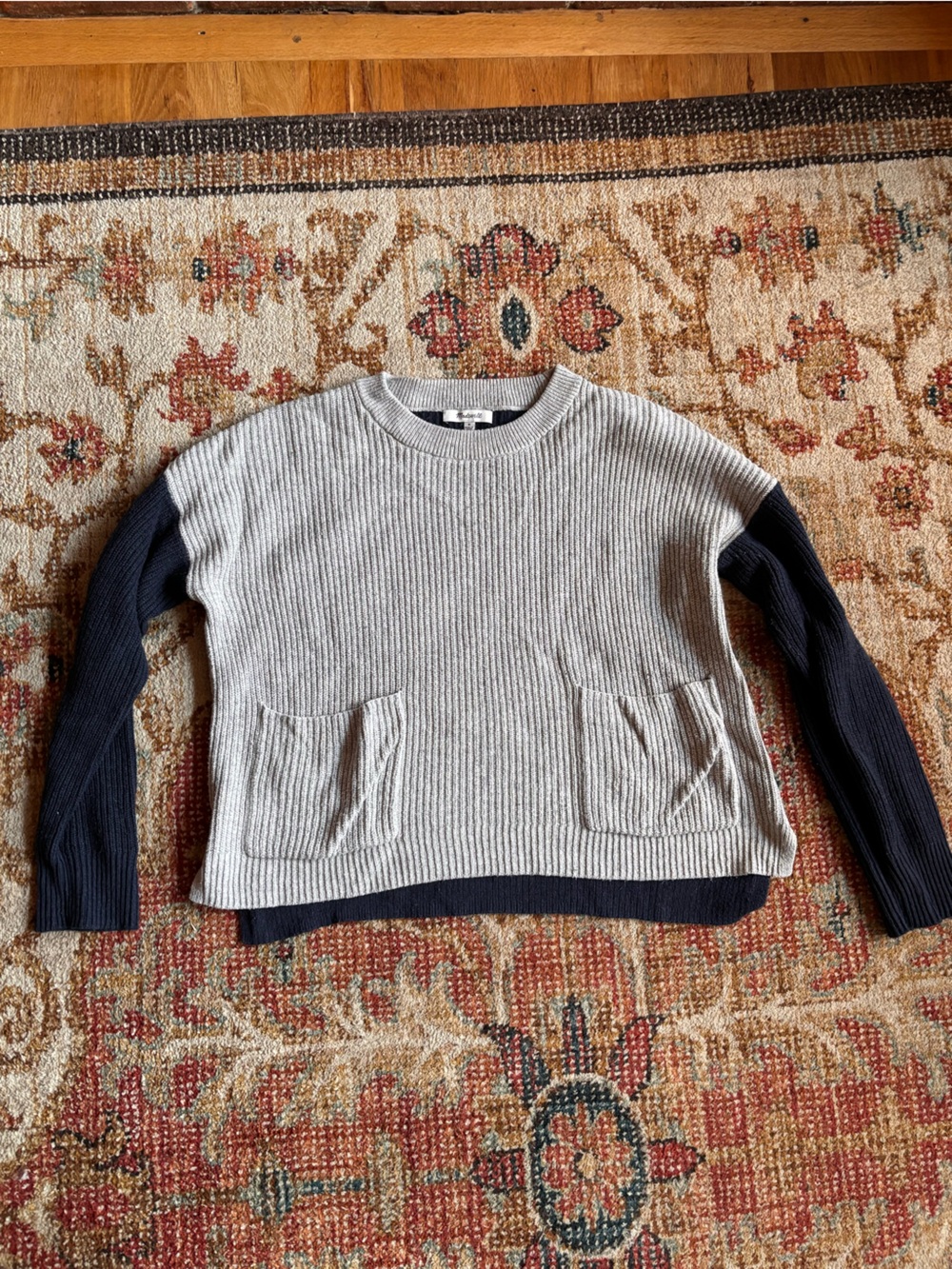 Madewell Two-Tone Ribbed Crewneck Sweater - Gray & Navy